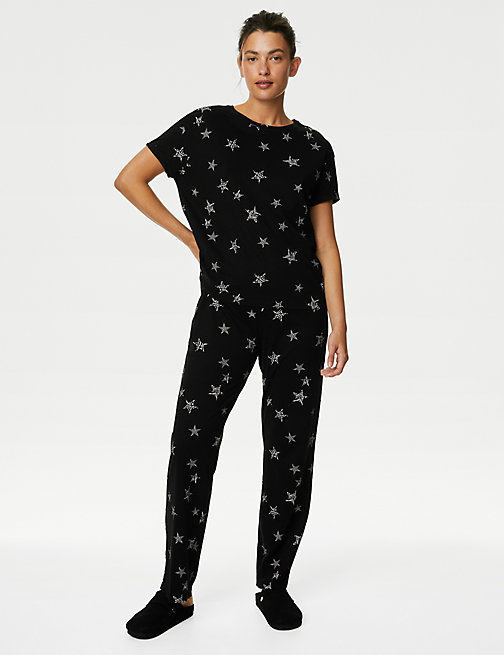 Marks And Spencer Womens M&S Collection Pure Cotton Star Print Pyjama Set - Black Mix, Black Mix