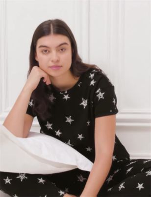 M&S Womens Pure Cotton Star Print Pyjama Set - XS - Black Mix, Black Mix