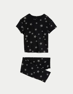 M&S Womens Pure Cotton Star Print Pyjama Set - XXL - Black Mix, Black Mix