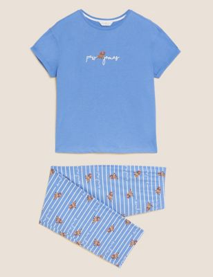 M&S Womens Cotton Rich Dog Print Pyjama Set - Blue Mix, Blue Mix