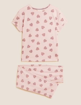 M&S Womens Pure Cotton Heart Print Pyjama Set - Pink Mix, Pink Mix