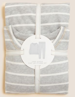 M&S Womens Fleece Striped Pyjama Set - Grey Mix, Grey Mix