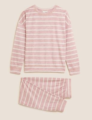 M&S Womens Fleece Striped Pyjama Set - Pink Mix, Pink Mix