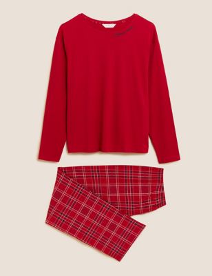 M&S Womens Pure Cotton Checked Pyjama Set - Red Mix, Red Mix