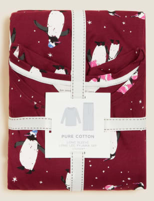 

Womens M&S Collection Pure Cotton Penguin Pyjama Set - Dark Red Mix, Dark Red Mix