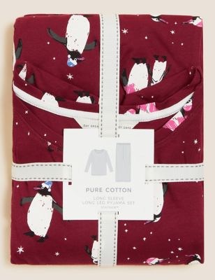 M&S Womens Pure Cotton Penguin Pyjama Set - XS - Dark Red Mix, Dark Red Mix