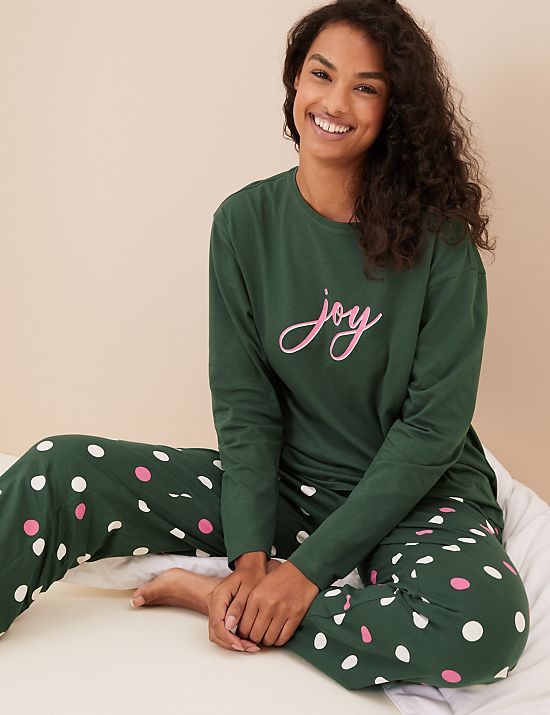 Schlafanzugset aus reiner Baumwolle mit Schriftzug „Joy“