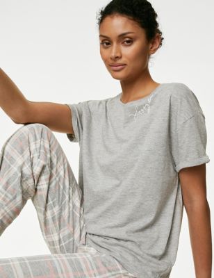 M&S Womens Cotton Rich Checked Pyjama Set - Grey Mix, Grey Mix