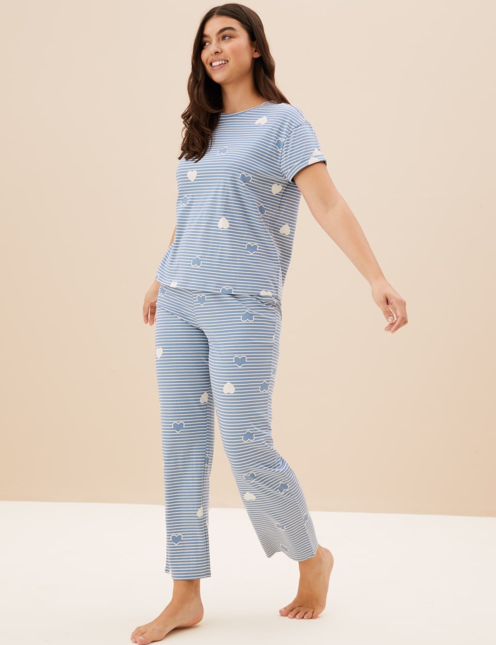 Pure Cotton Striped Heart Print Pyjama Set image 2