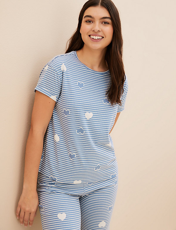 Pure Cotton Striped Heart Print Pyjama Set - US