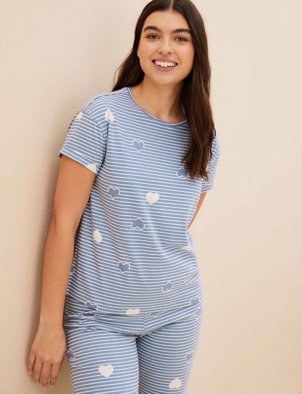 Pure Cotton Striped Heart Print Pyjama Set image 3