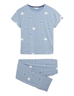 M&S Womens Pure Cotton Striped Heart Print Pyjama Set - XS - Grey Blue, Grey Blue