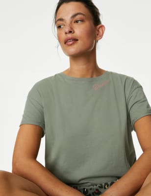 

Womens M&S Collection Kurzes Set aus reiner Baumwolle mit Leopardenmotiv - Dusty Green, Dusty Green