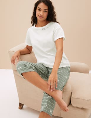 

Womens M&S Collection Pure Cotton Palm Print Cropped Pyjama Set - Dusty Green, Dusty Green