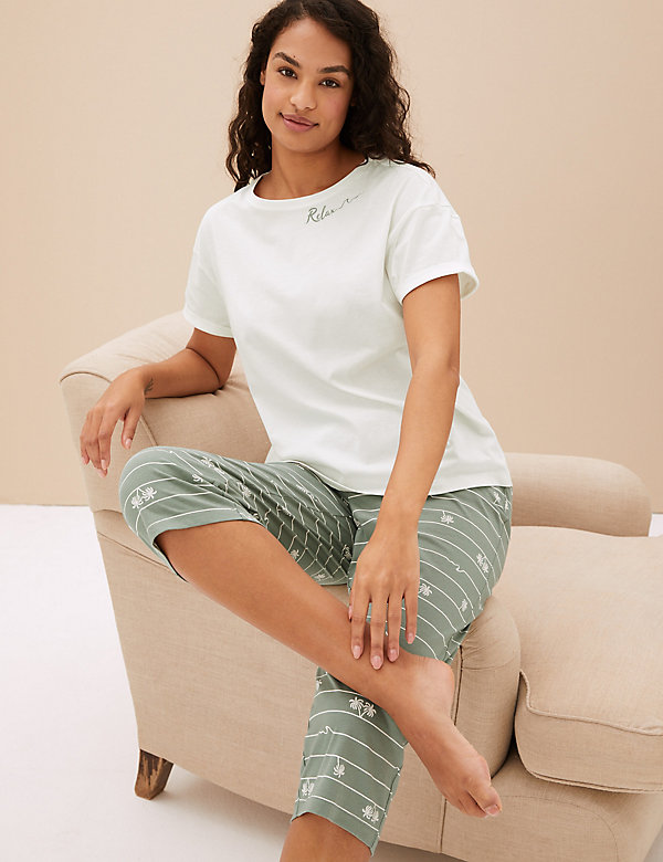 Pure Cotton Palm Print Cropped Pyjama Set - PT