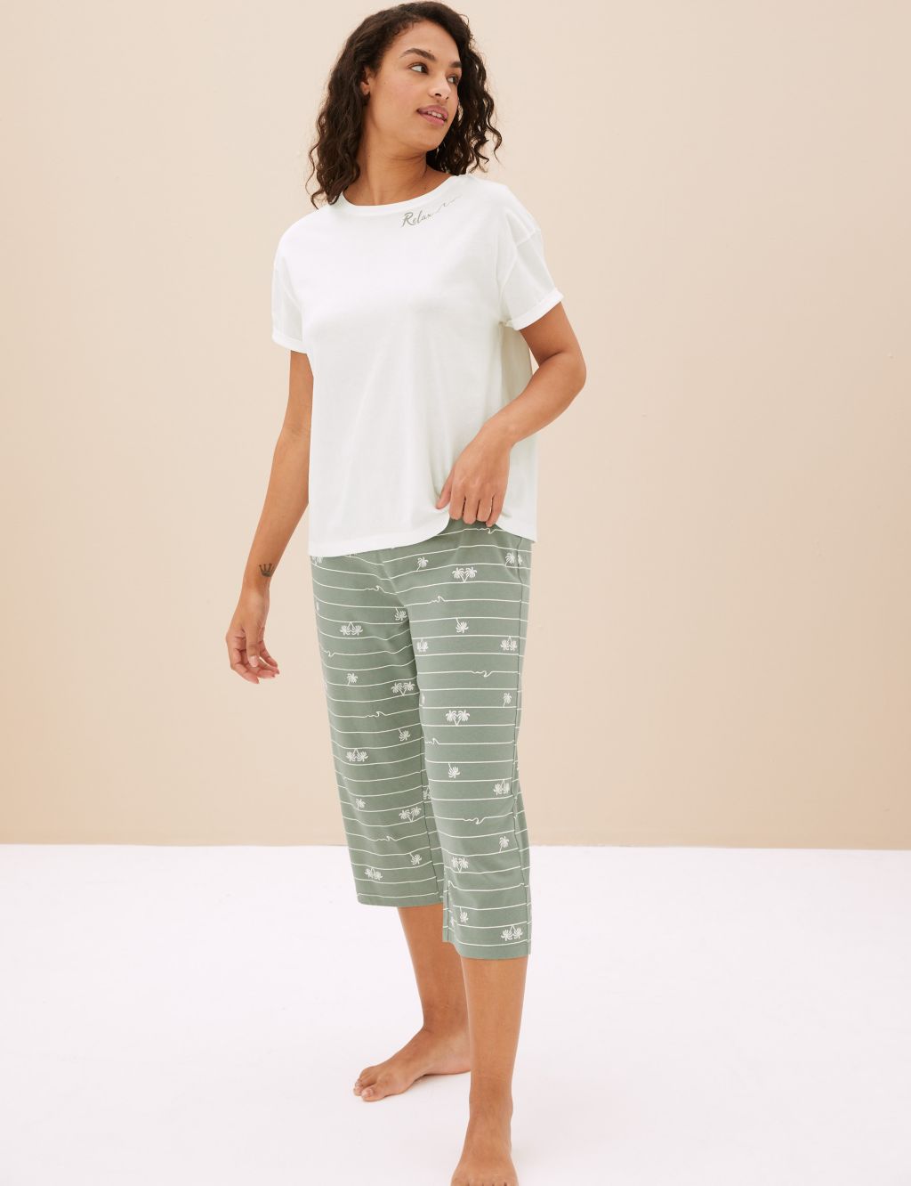 Pure Cotton Palm Print Cropped Pyjama Set image 3