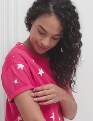 M&S Womens Pure Cotton Star Print Cropped Pyjama Set - XS - Pink Mix, Pink Mix