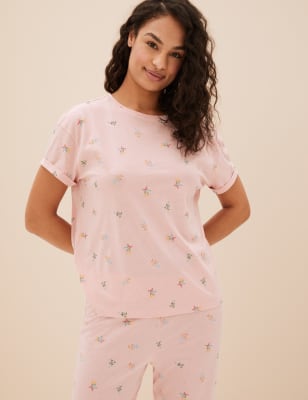 Ladies 100% Brushed Cotton Pyjama Set Ditsy Pink Floral Print