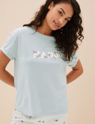 

Womens M&S Collection Cotton Rich Happy Slogan Cropped Pyjama Set - Soft Blue, Soft Blue