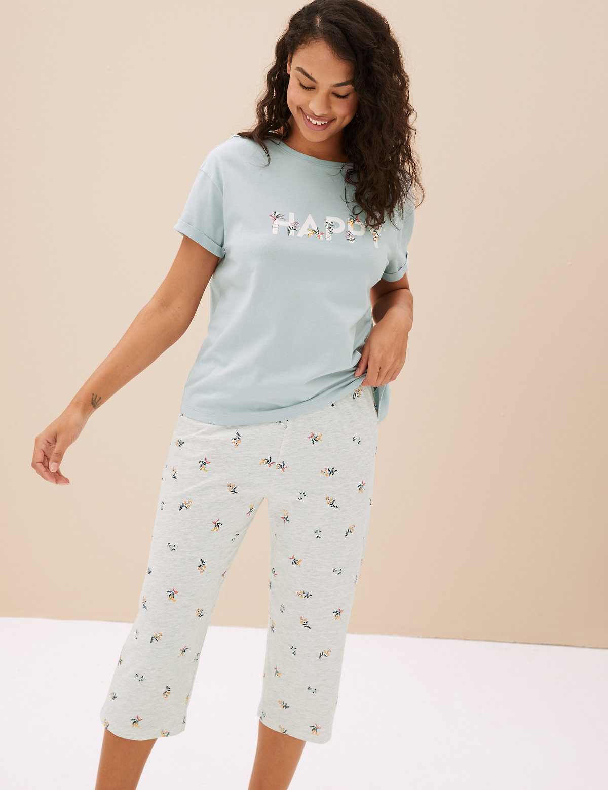 Cotton Rich Happy Slogan Cropped Pyjama Set
