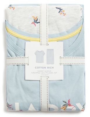 M&S Womens Cotton Rich Happy Slogan Cropped Pyjama Set - Soft Blue, Soft Blue