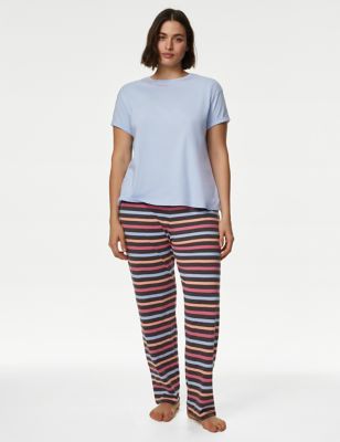 M&S Womens Cotton Rich Striped Slogan Pyjama Set - XXL - Ice Blue, Ice Blue