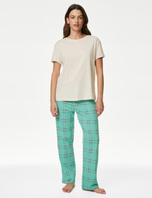 M&S Womens Pure Cotton Checked Slogan Pyjama Set - Ivory Mix, Ivory Mix