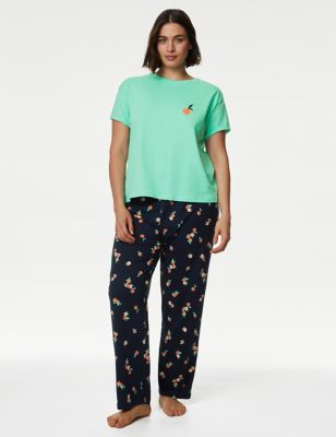 M&S Womens Pure Cotton Printed Pyjama Set - XS - Bright Mint, Bright Mint