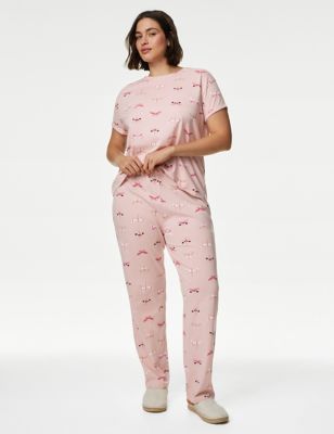 M&S Women's Pure Cotton Printed Pyjama Set - XS - Soft Pink, Soft Pink