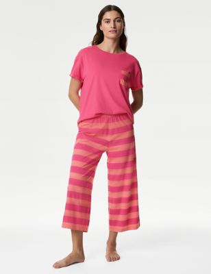 M&S Women's Cotton Rich Crop Leg Pyjama Set - Watermelon, Watermelon,Dark Blue,Yellow Mix,Grey Mix,C