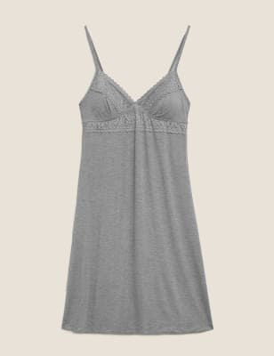 M&S Womens Sumptuously Soft™ Lace Trim Short Chemise - 16 - Charcoal, Charcoal