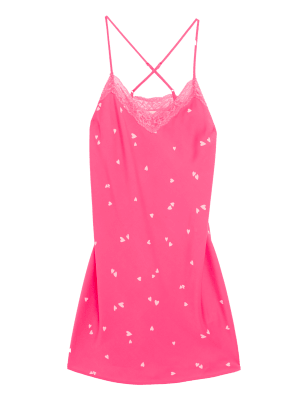

Womens M&S Collection Satin Heart Print Short Chemise - Pink Mix, Pink Mix