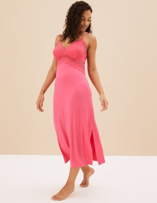 

Womens M&S Collection Langes Träger-Nachthemd mit Spitzenbesatz - Bright Pink, Bright Pink