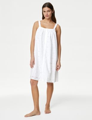 M&S Womens Pure Cotton Broderie Chemise - 8 - White, White