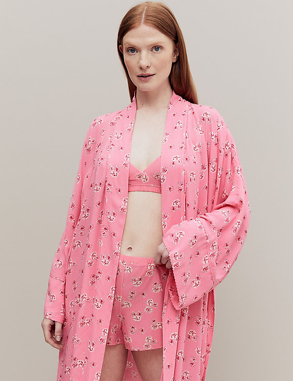 Floral Print Long Kimono Robe - MX