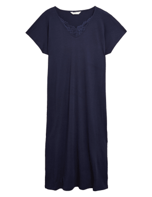 M&S Womens Cotton Modal Lace Insert Nightdress - 6 - Navy, Navy