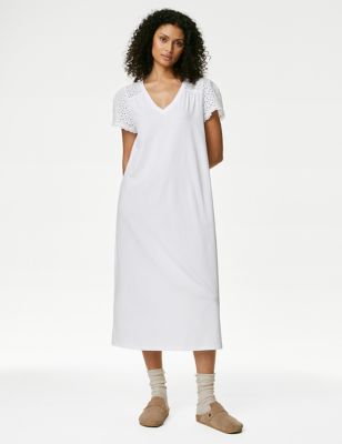 

Womens M&S Collection Pure Cotton Broderie Trim Long Nightdress - White, White