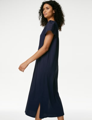 

Womens M&S Collection Pure Cotton Broderie Trim Long Nightdress - Navy, Navy