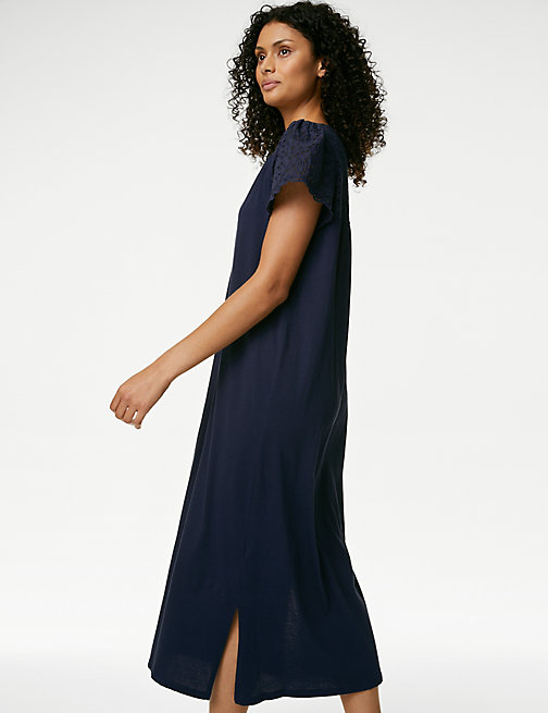 Marks And Spencer Womens M&S Collection Pure Cotton Broderie Trim Long Nightdress - Navy, Navy
