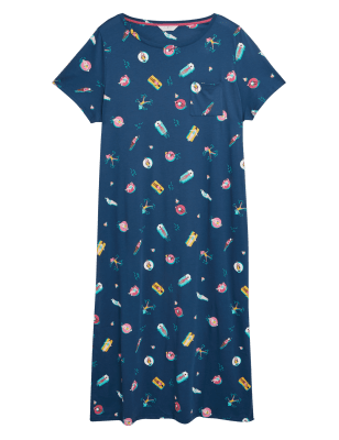 M&S Womens Cotton Pool Print Long Nightdress - 8 - Dark Airforce, Dark Airforce