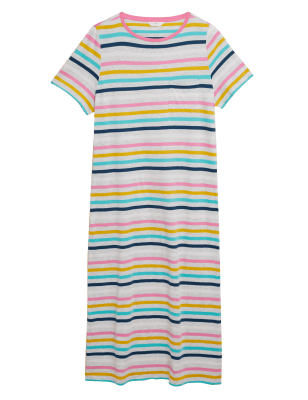 M&S Womens Cotton Stripe Long Nightdress - 6 - Grey Mix, Grey Mix