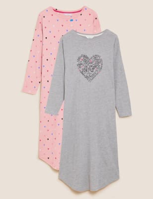 

Womens M&S Collection 2 Pack Cotton Rich Heart Long Nightdresses - Pink Mix, Pink Mix