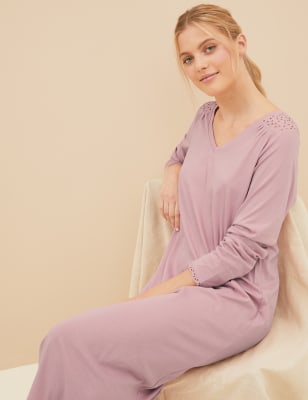 

Womens M&S Collection Pure Cotton Broderie Trim Long Nightdress - Antique Rose, Antique Rose