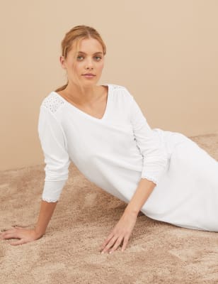 

Womens M&S Collection Pure Cotton Broderie Trim Long Nightdress - White, White