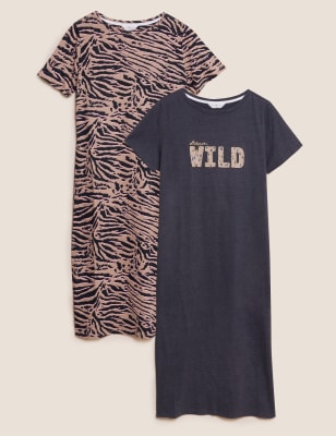 

Womens M&S Collection 2er-Pack lange Nachthemden mit hohem Baumwollanteil - Charcoal Mix, Charcoal Mix