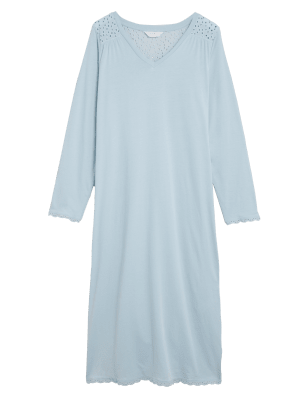 

Womens M&S Collection Pure Cotton Broderie Long Nightdress - Soft Blue, Soft Blue