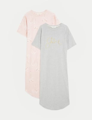 

M&S Collection Pack de 2 camisones largos de algodón estampadosWomens - Pink Mix, Pink Mix
