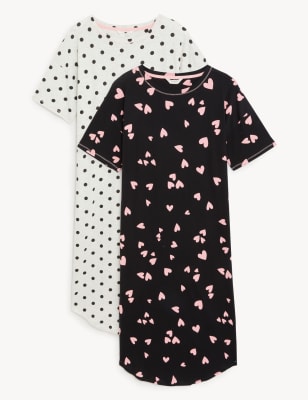 

Womens M&S Collection 2pk Cotton Rich Printed Long Nightdresses - Black Mix, Black Mix