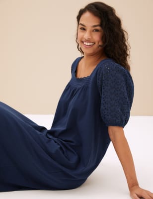 

Womens M&S Collection Pure Cotton Broderie Long Nightdress - Navy, Navy