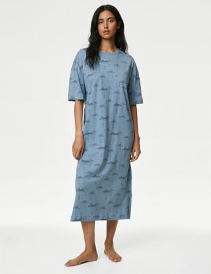 M&S Women's Pure Cotton Eid Print Nightdress - L - Blue Mix, Blue Mix